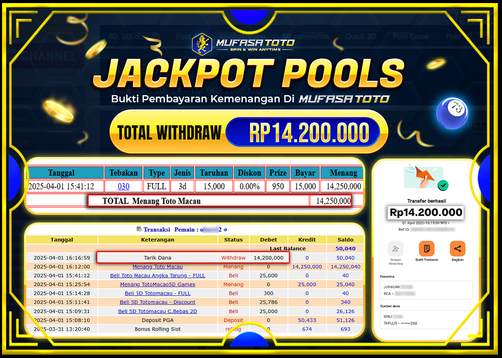 MUFASATOTO JACKPOT POOL MACAU Rp 14.200.000 